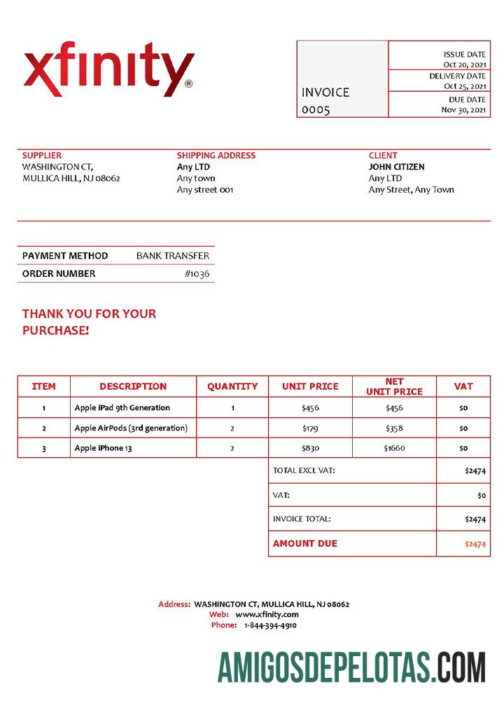 realista Modelo de fatura Xfinity dos EUA